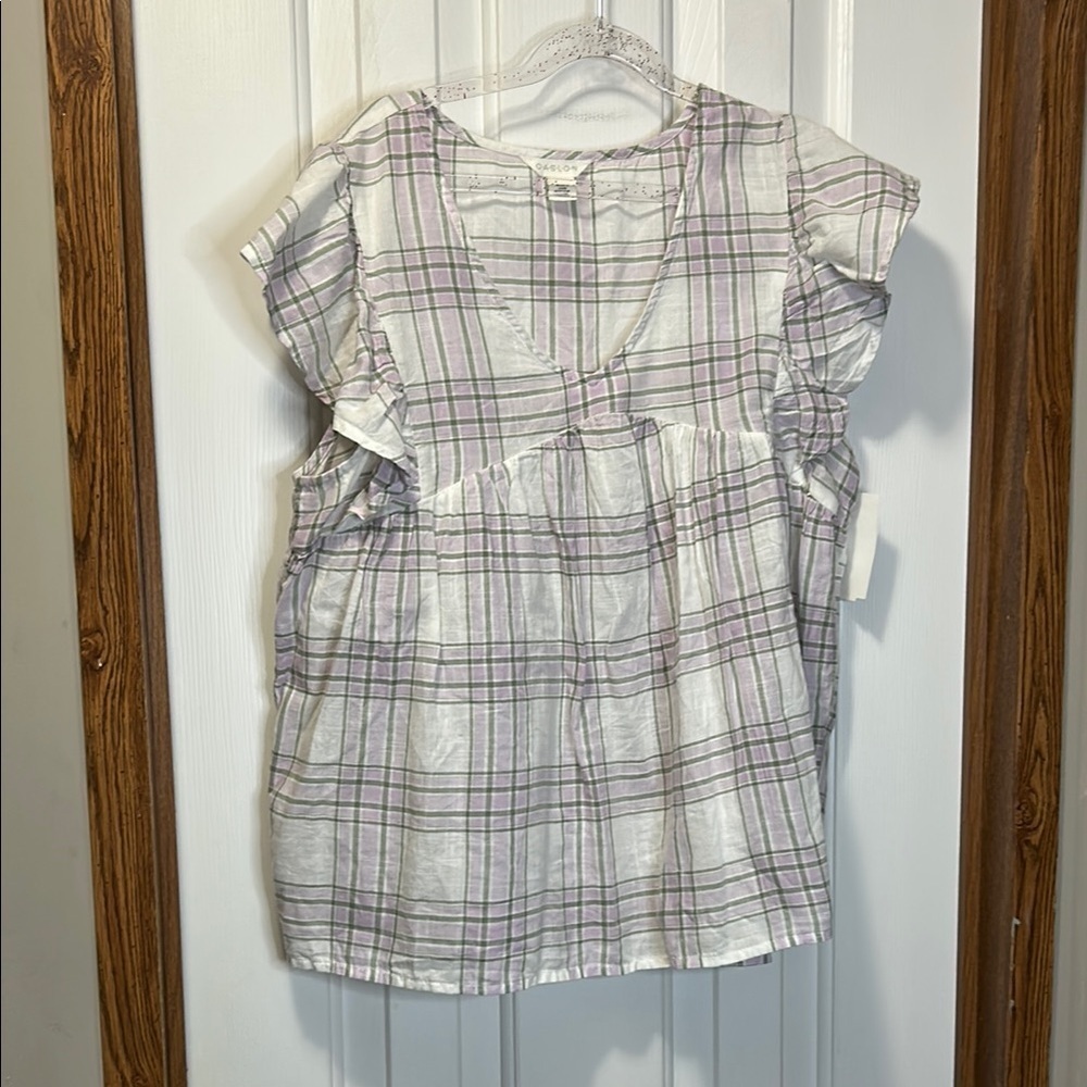 Caslon Purple and White Blouse with Ruffled Cap Sleeves